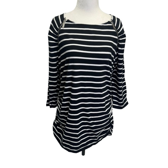 Michael Kors Black/White Stripe Boat Neck 3/4 Sleeve T-Shirt Size L - Picture 2 of 10
